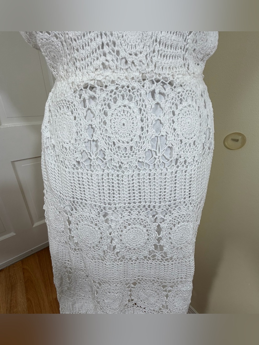 Vintage 70s White Hand Crochet Dress M Midi Cotton Sundress Prairie Boho Bridal - Picture 5 of 16